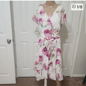 Julian Taylor 16w Cascading Ruffles Faux Rap Floral Midi Dress